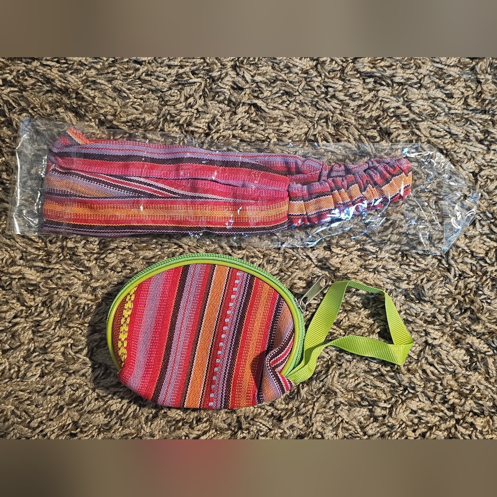 Aztec Boho Print Headband & Coin Purse Set Colorful Striped New